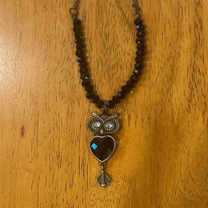 Black Beaded Owl Pendant Necklace with Antique Bronze Chain.